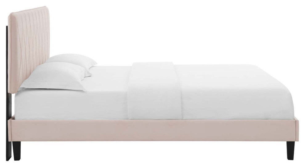 Platform Bed Frame, King Size, Velvet, Pink, Modern Contemporary, Bedroom Master