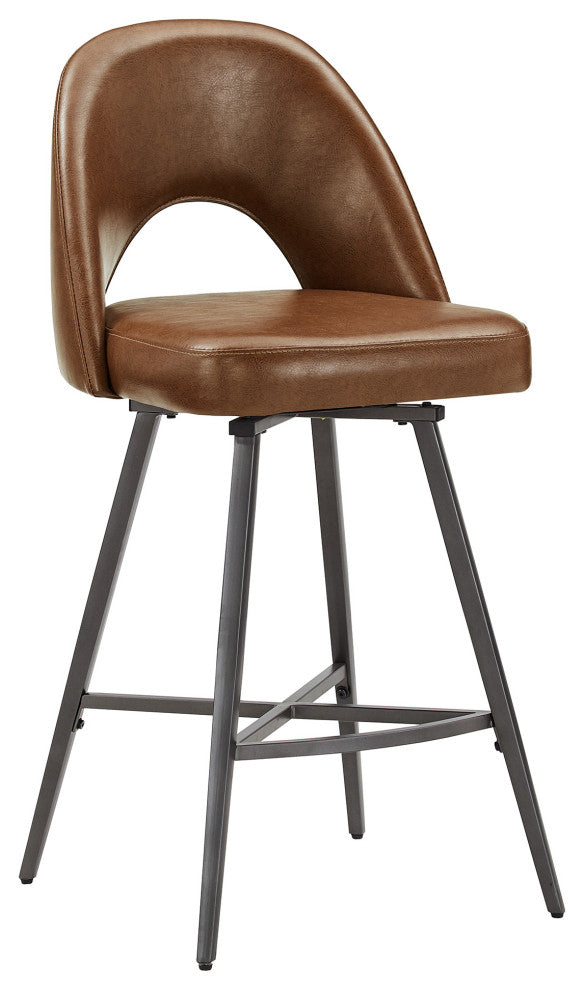 Tierno 24" Counter Height Metal Swivel Stools, Set of 2, Brown PU Leather