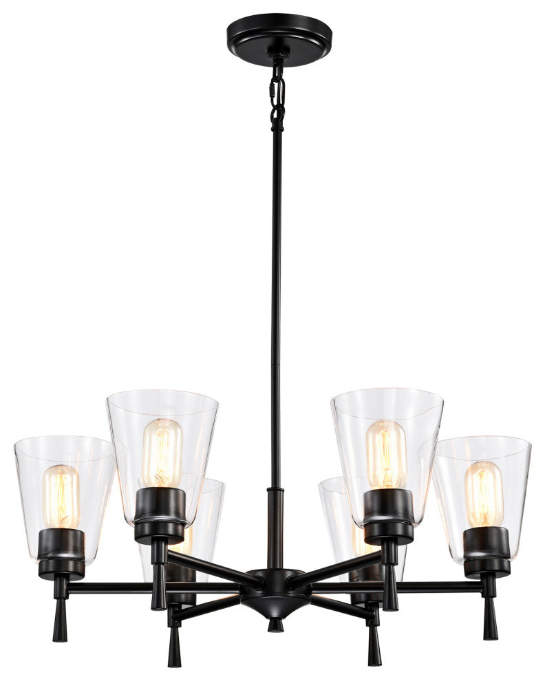 6-Light Matte Black Modern Chandelier With Clear Cone Glass Shades
