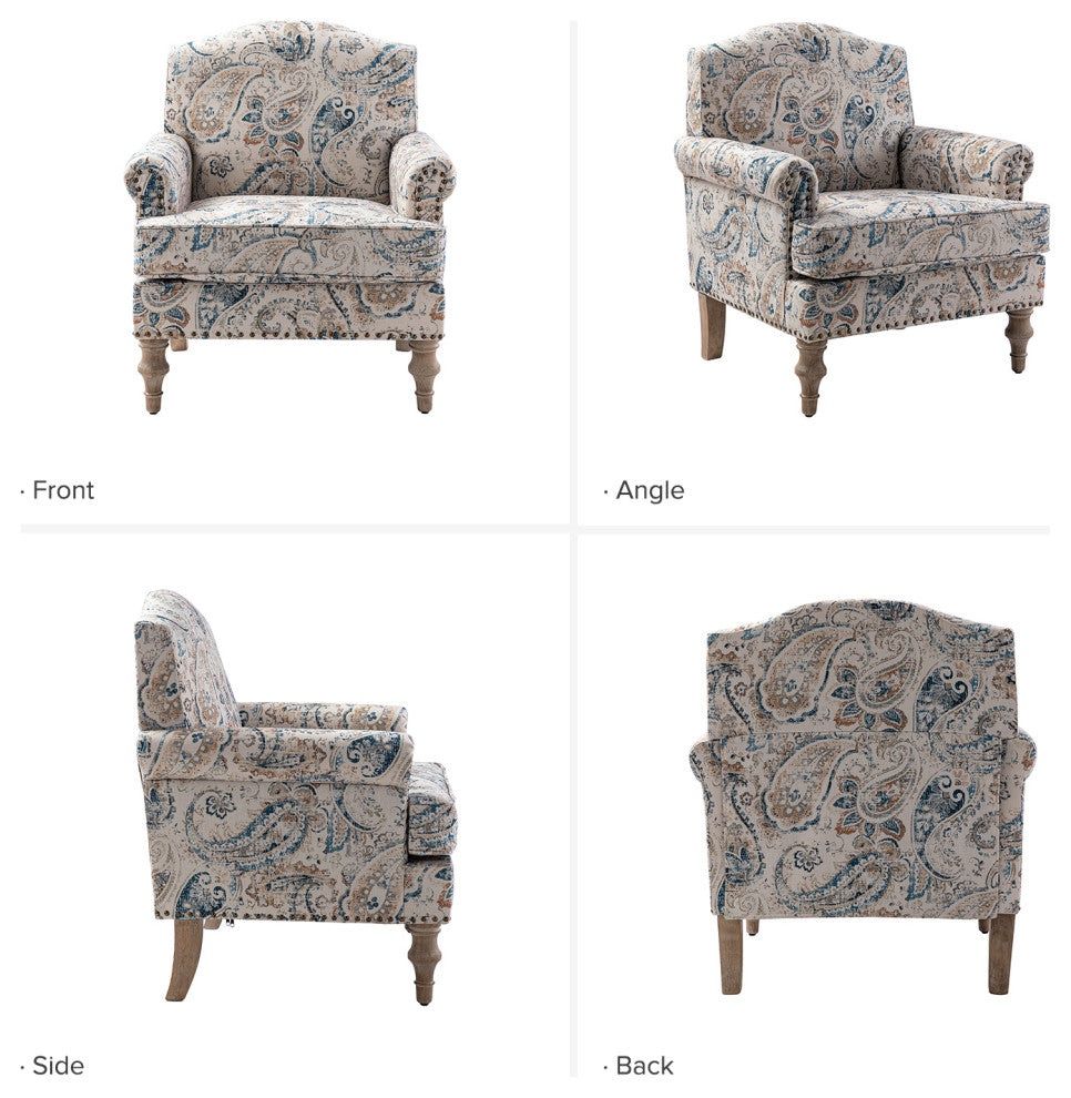 Lamber Wooden Upholstered Armchair With Camelback, Paisley