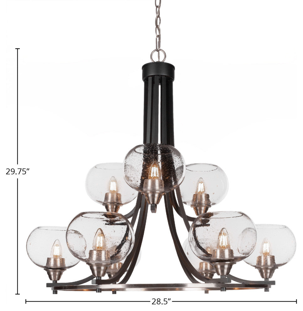 Paramount 9-Light Chandelier, Matte Black & Brushed Nickel, 7" Clear Bubble