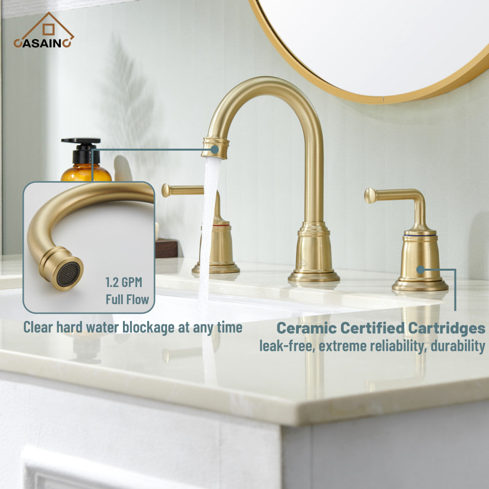 8in Brass Bathroom Sink Faucet 2 Handle 3 Hole Gold Bathroom Faucet, Brushed Gold