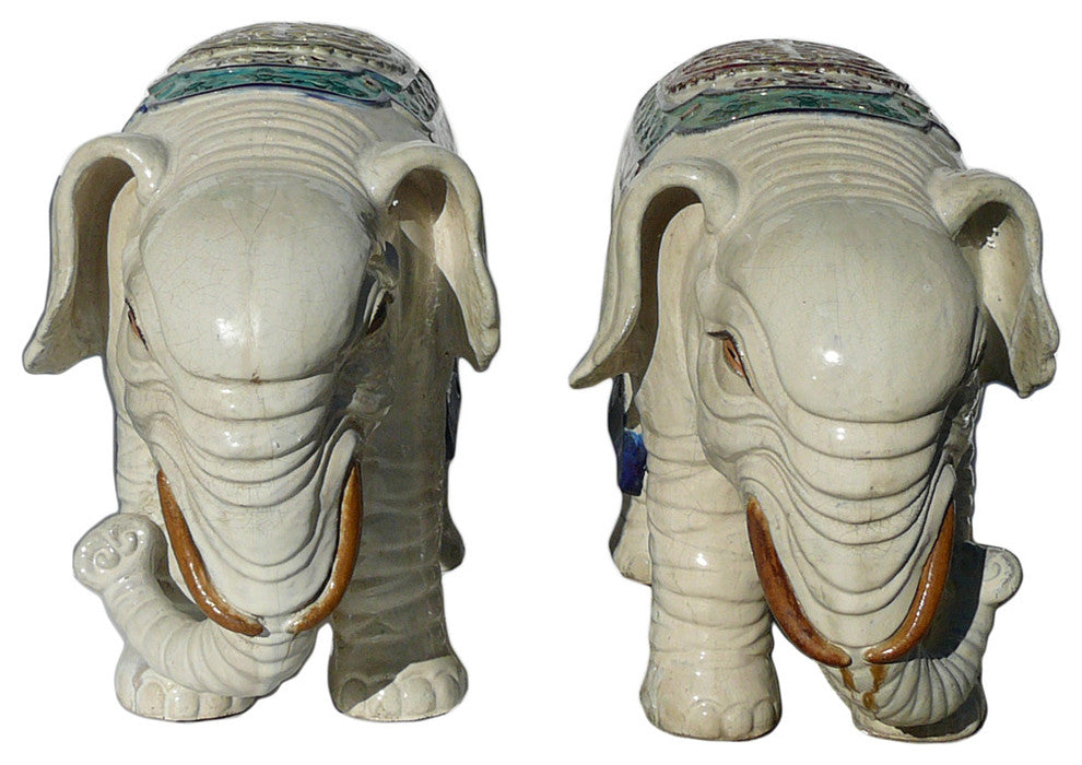 Chinese Ceramic Off White Oriental Elephant Figures Hcs1155, 2-Piece Set