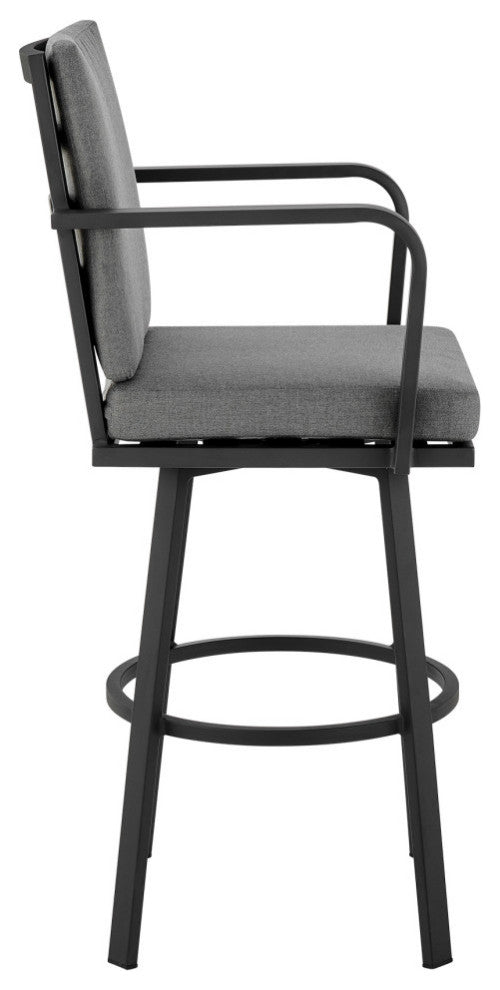 Don 30" Outdoor Patio Bar Stool, Black Aluminum With Gray Cushions, Black