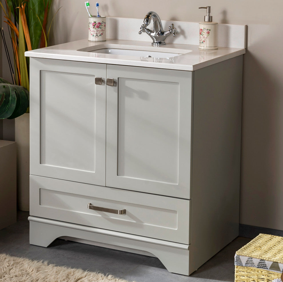 Livia Collection 30" Bath Vanity Quartz Top and Ceramic Sink, Grey, 30"