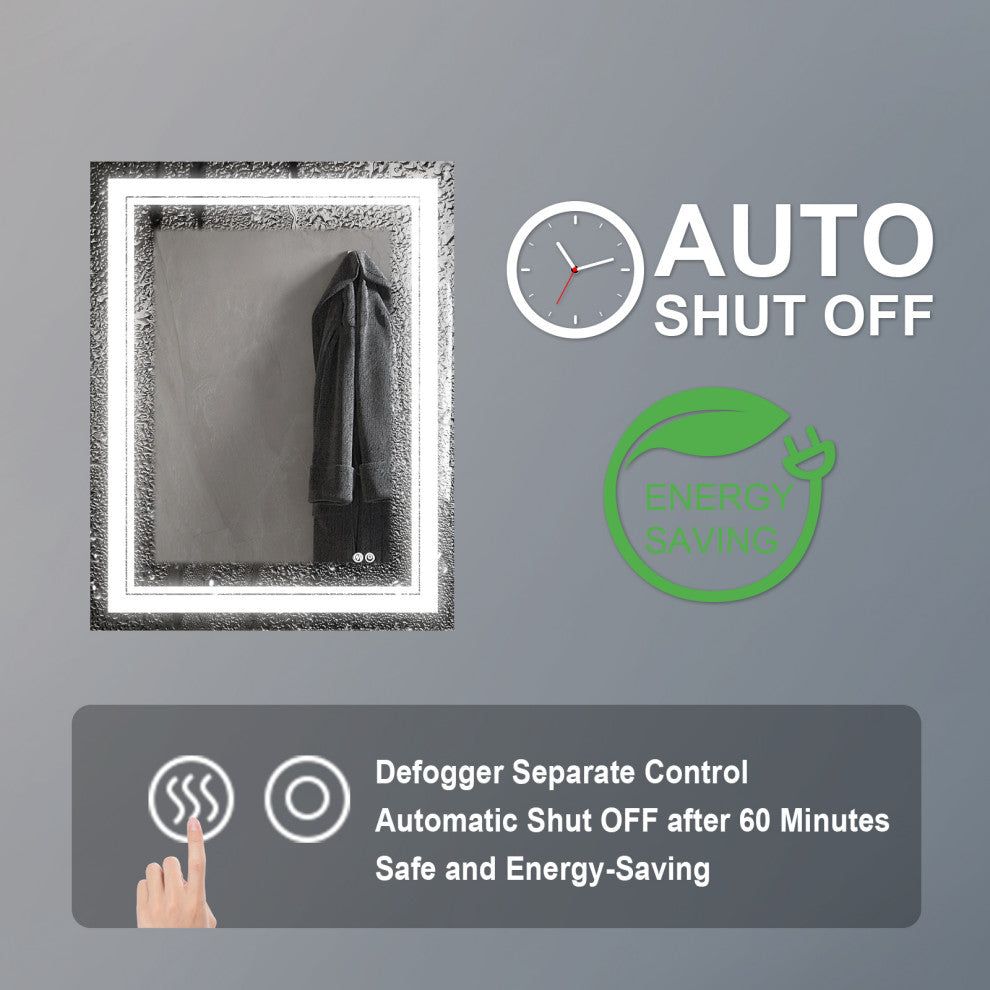Frameless LED Lighted Bathroom Mirror With Defogger Dimmer, 28"x36"