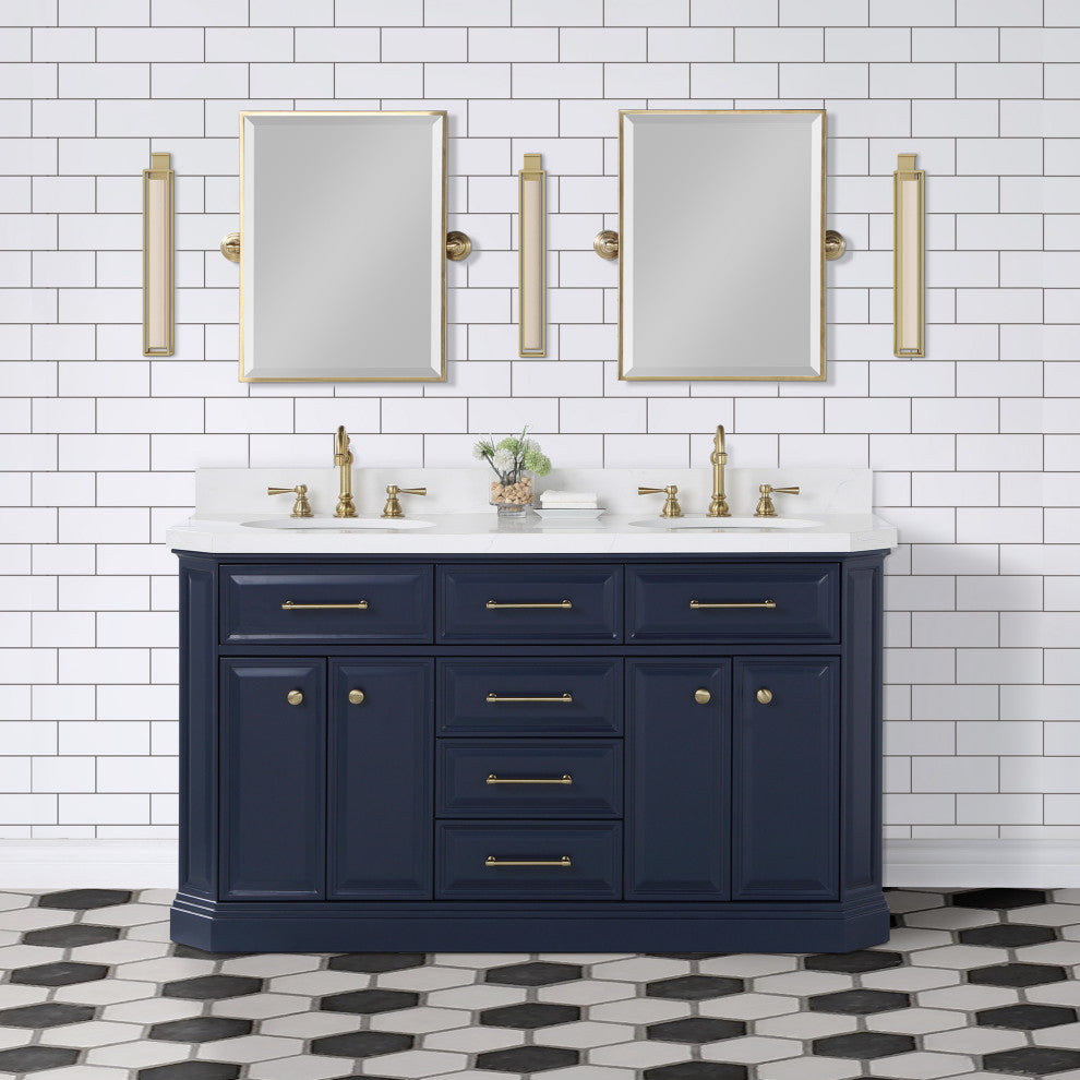 Palace 60" Double Sink White Quartz Countertop With Mirror, Blue