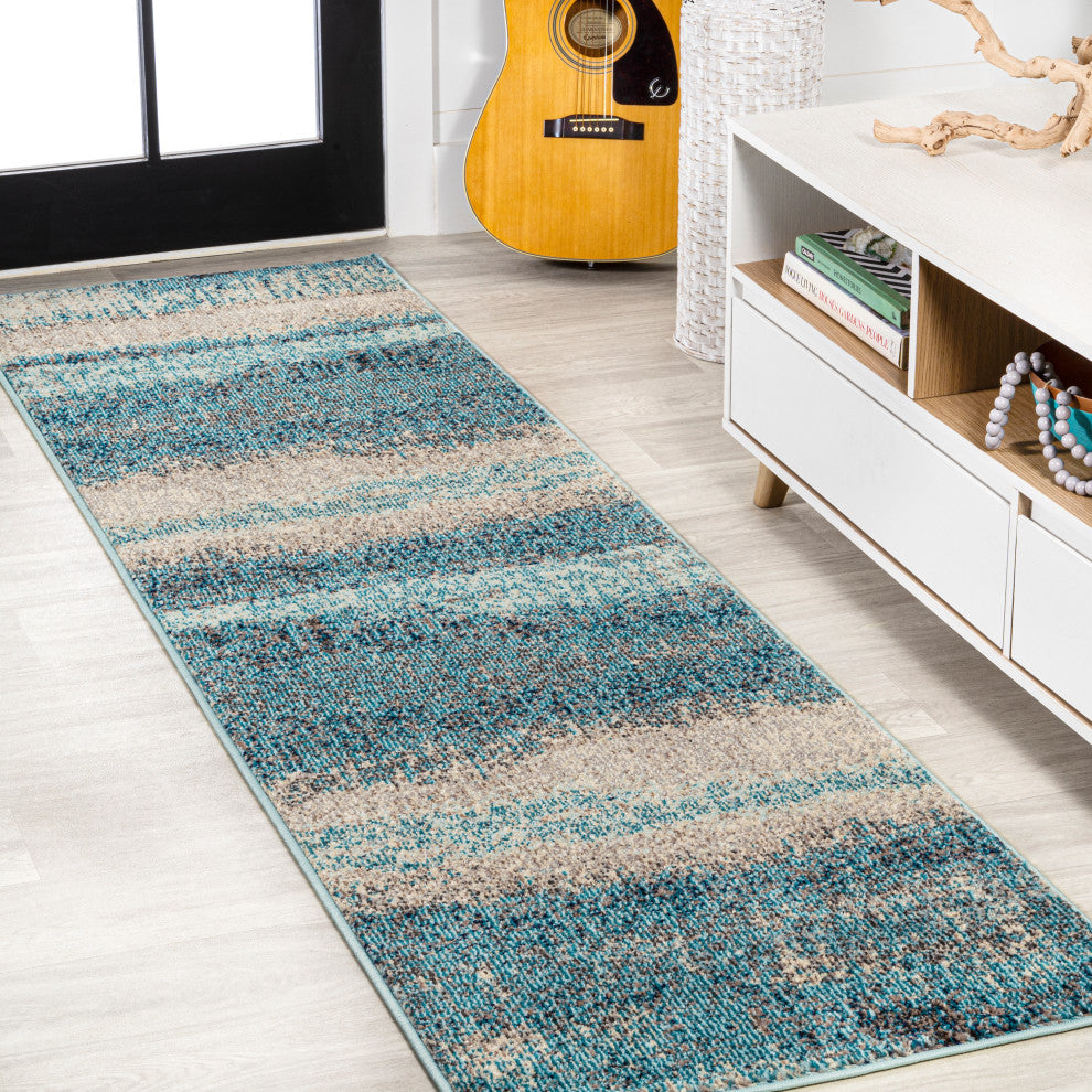 Contemporary POP Modern Abstract Vintage Area Rug, Cream/Turquoise, 2 X 8
