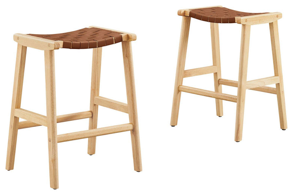 Saoirse Faux Leather Wood Counter Stool - Set of 2 - Natural Brown