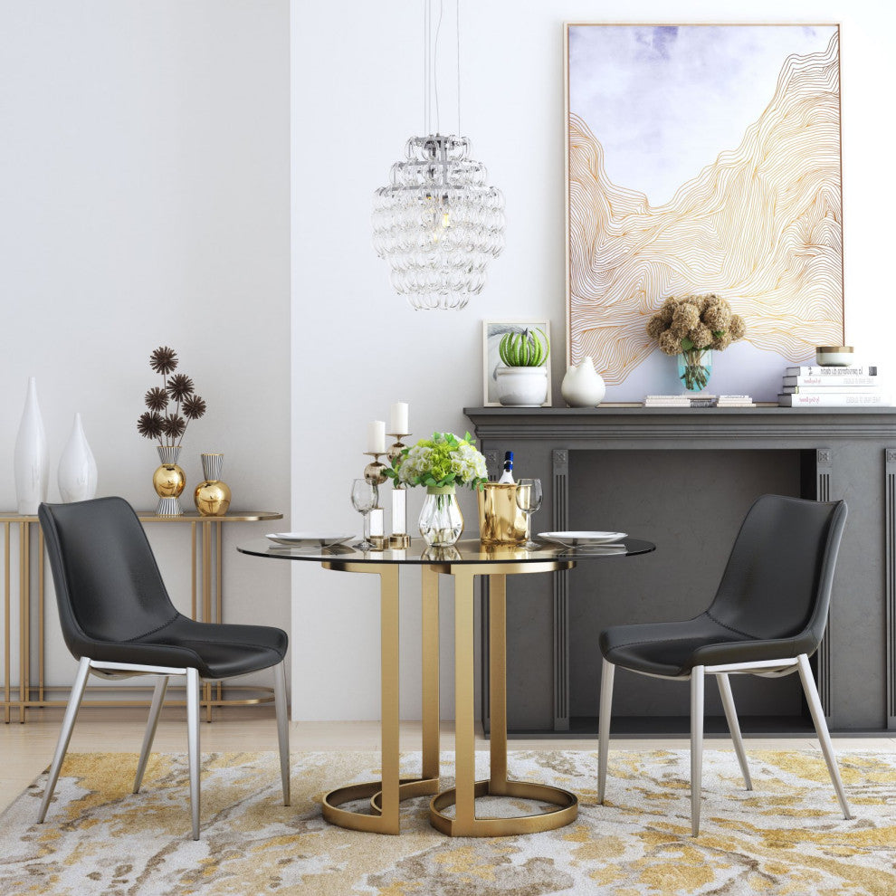 Dining Chair, Set of 2, Faux Vinyl Leather, Steel, Black, Silver, Cafe Bistro