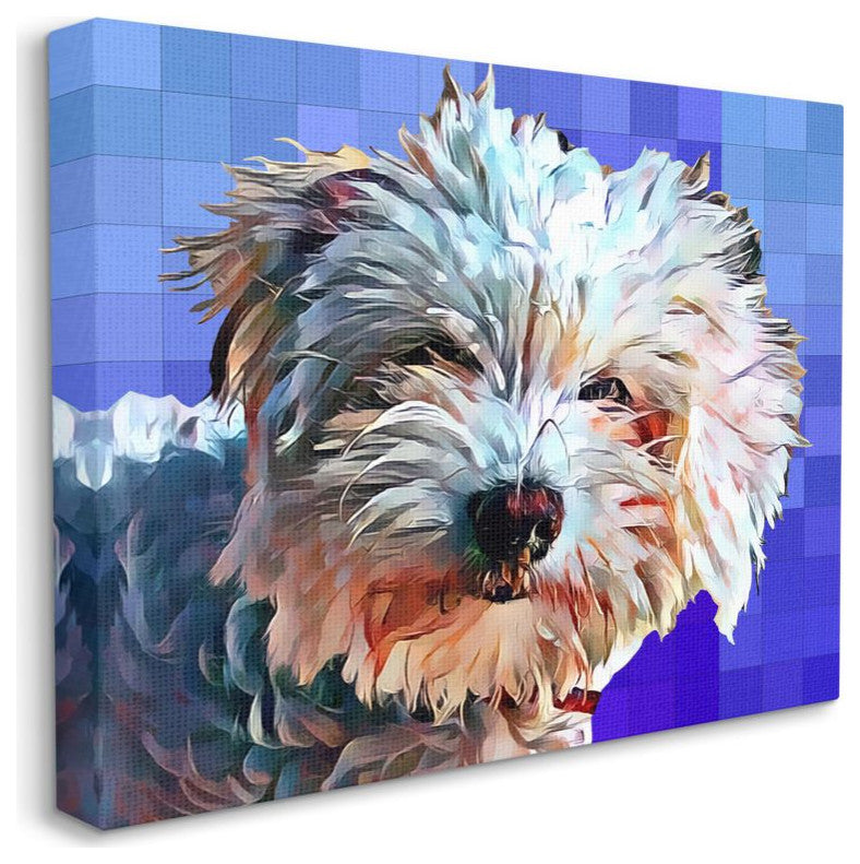 Colorful Bichon Puppy Over Blue Geometric Pattern30x40