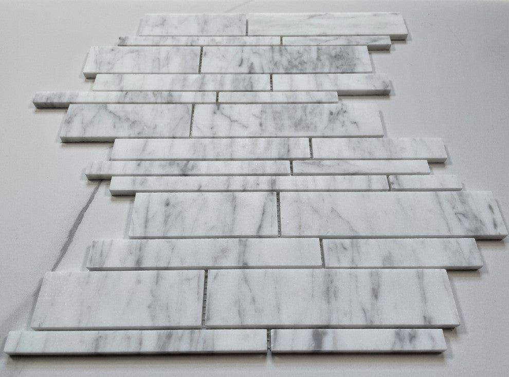 Carrara White Marble Random Strip Modern Brick Mosaic Tile Honed, 1 sheet