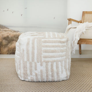 Stacy Garcia Beige/Cream Modern Striped Cube Pouf, 18"x18"x18"