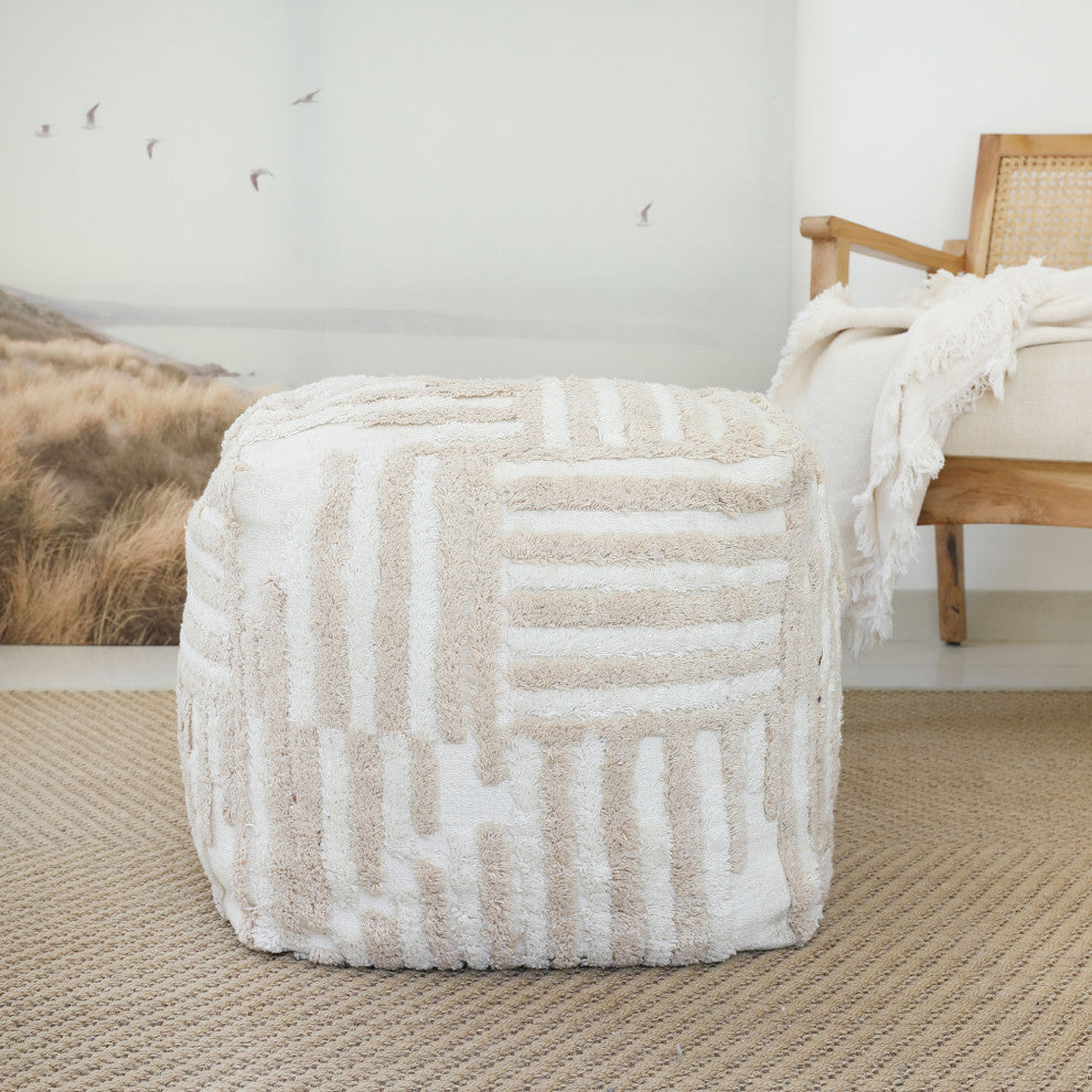 Stacy Garcia Beige/Cream Modern Striped Cube Pouf, 18"x18"x18"