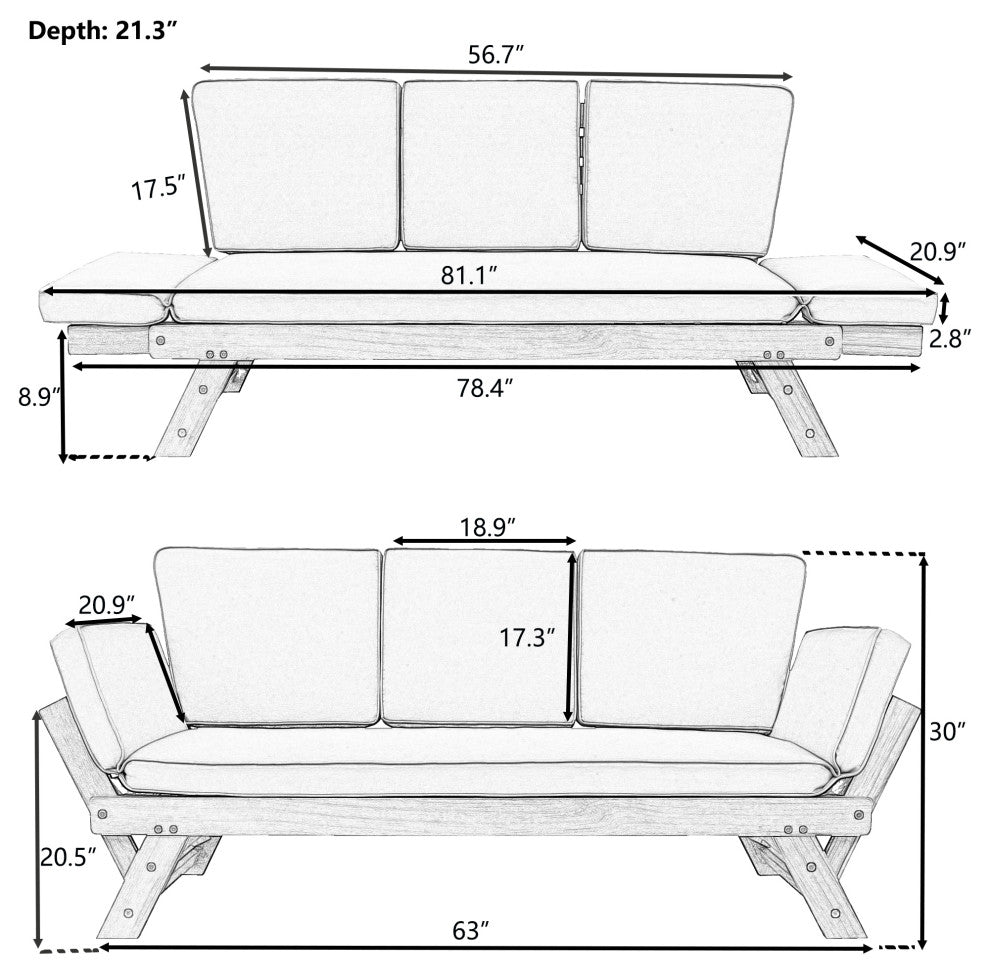 Outdoor Adjustable Wooden Patio Daybed Sofa Chaise Lounge With Cushions, Beige