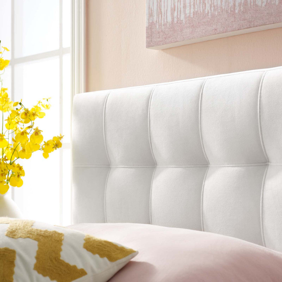 Contemporary Modern Bedroom Twin Size Tufted Headboard, Velvet Fabric, White