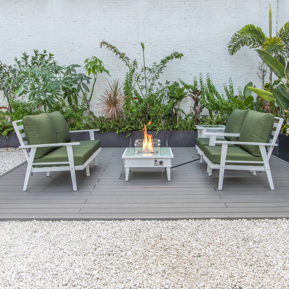 LeisureMod Walbrooke White Patio Conversation Set With Fire Pit, Green