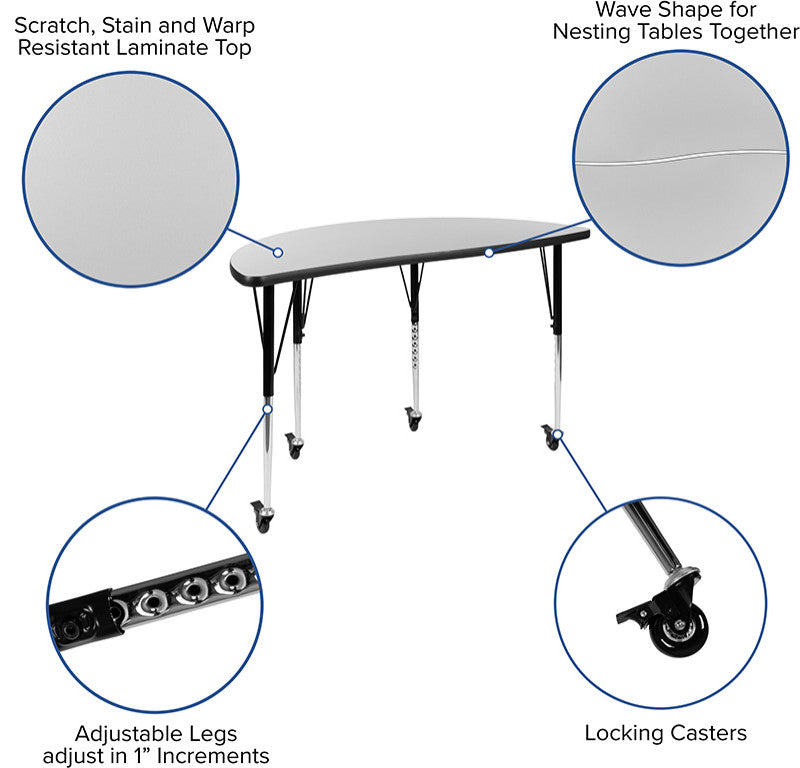 Mobile 47.5" Circle Wave Activity Table Set with 16" Student Stack Chairs, Grey