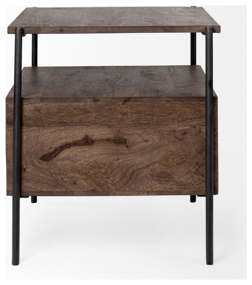 HomeRoots Square Top End Table With Dark Brown Wood and Iron Black Frame