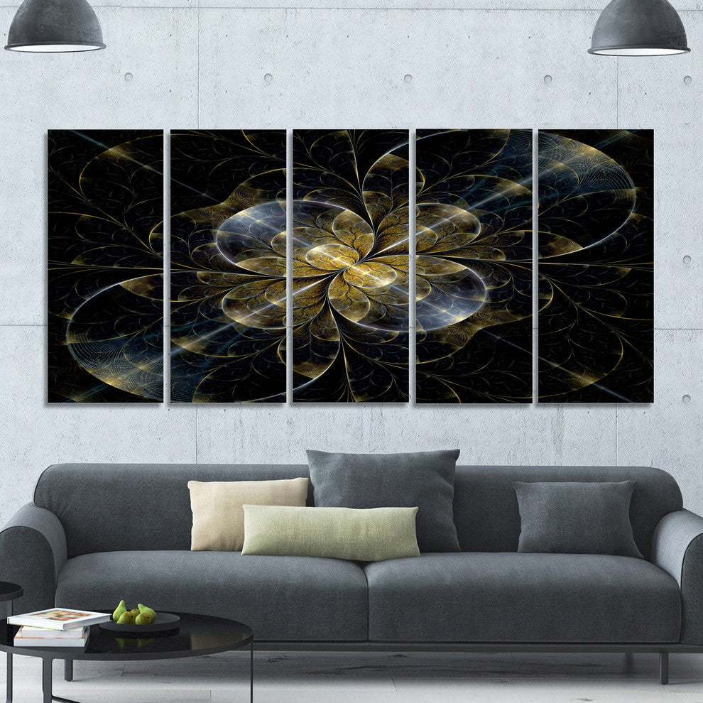 Symmetrical Golden Fractal Flower, Floral Canvas Art Print, 60"x28", 5 Panels