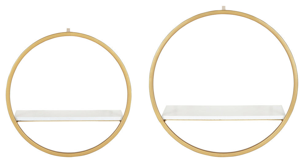 Wicks Round Floating Wall Shelf, White/Gold 2 Piece