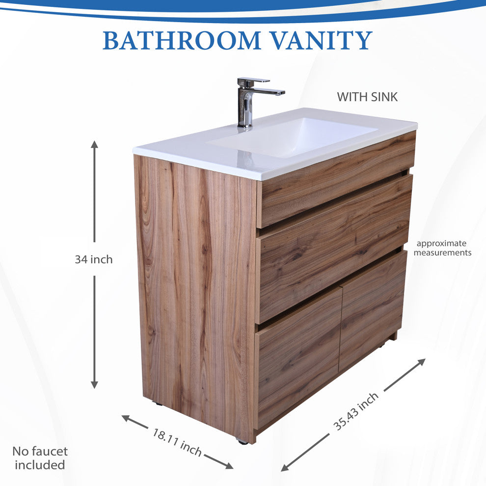 Gravita Design Free-Standing Single Bathroom Vanity, Acrylic Top, Pecan, 24"