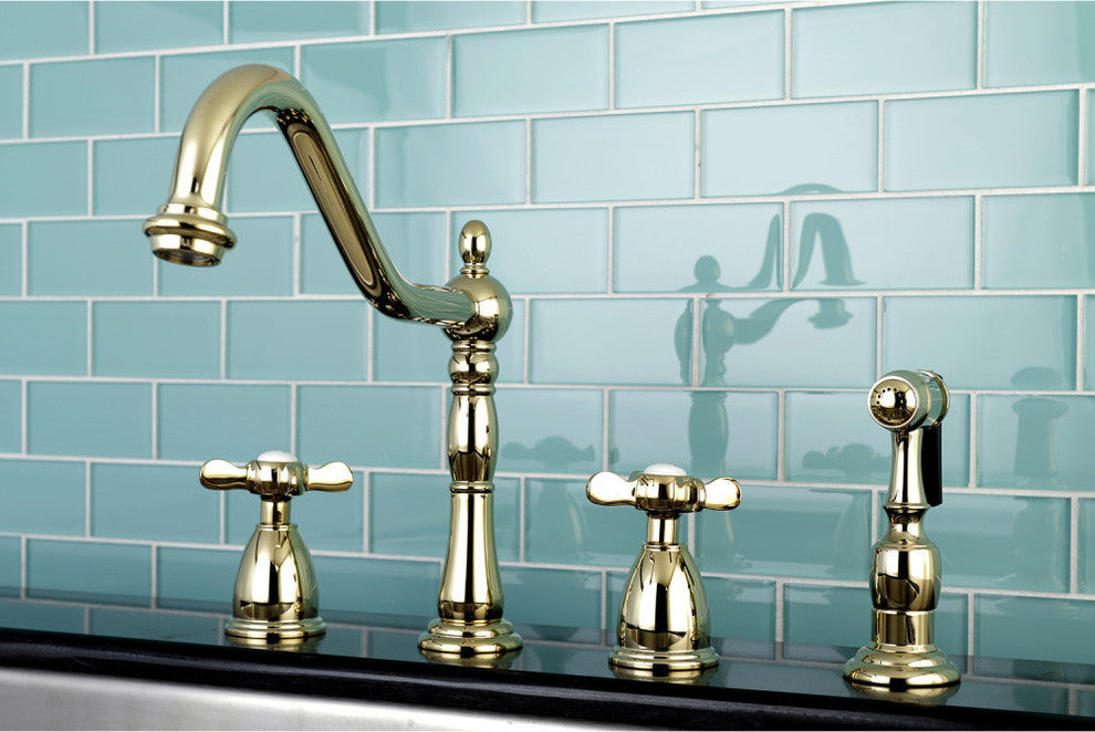 Widespread Kitchen Faucet, Brass Sprayer, Polished Brass
