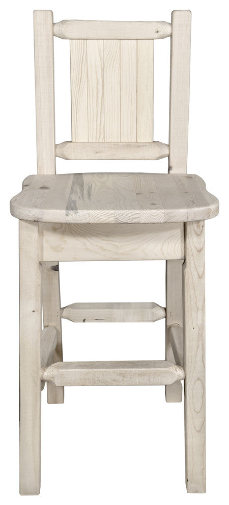 Homestead Barstool With Back, With Laser Engraved Wolf, Clear Lacquer Finish, La