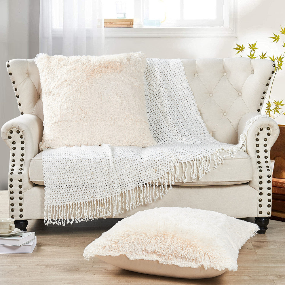 Shaggy Faux Fur Pillow Cover, Ivory, Set of 2, 26"x26"