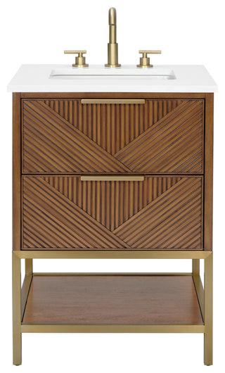 Diamond 24" Bath Vanity, Walnut/Satin Brass, 24", White Quartz Top