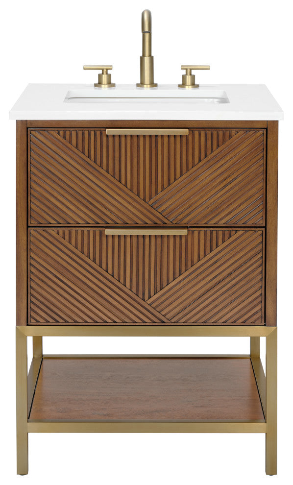 Diamond 24" Bath Vanity, Walnut/Satin Brass, 24", White Quartz Top