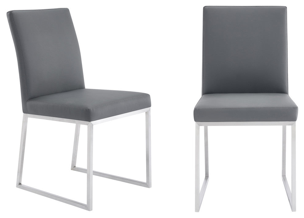 Mira Dining Chair, Gray Faux Leather, Set of 2, Brushed Stainless Steel