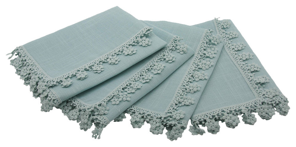Floral Charm Lace Trim Napkins, 20"x20, Blue, Set of 4