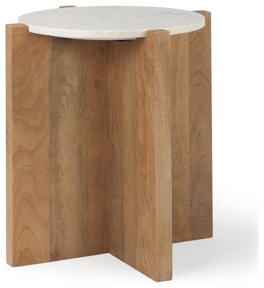 Bianca Light Brown Solid Wood w/ White Marble Top Accent Table