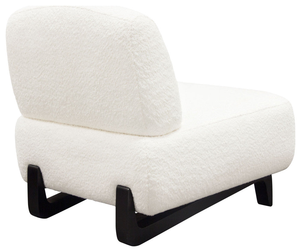 Vesper Armless Chair, Faux White Shearling With Black, Wood Leg Base