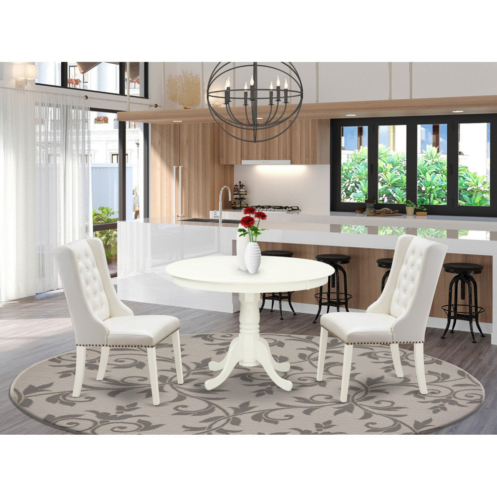 3Pc Kitchen Set, 1 Pedestal Table, 2 Light Grey Parson Chairs, Linen White