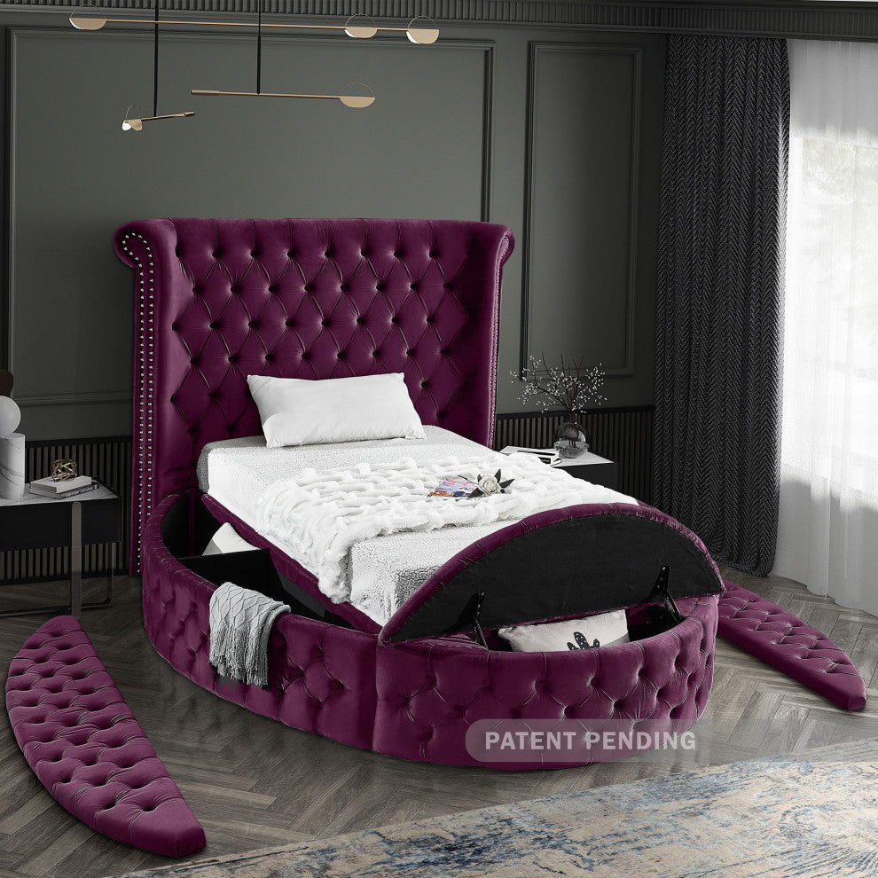 Luxus Button Tufted Velvet Round Bed, Purple, Twin