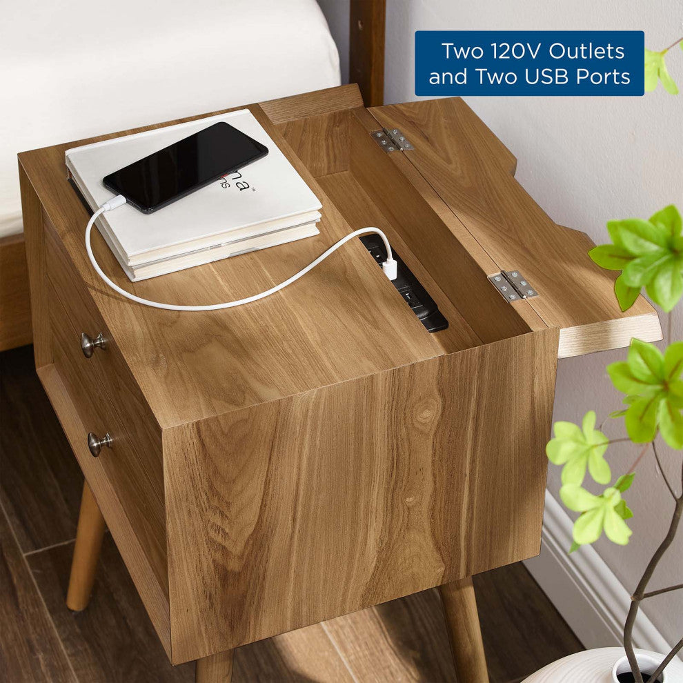 Nightstand Side End Table With USB, Wood, Brown Natural, Modern Living Room
