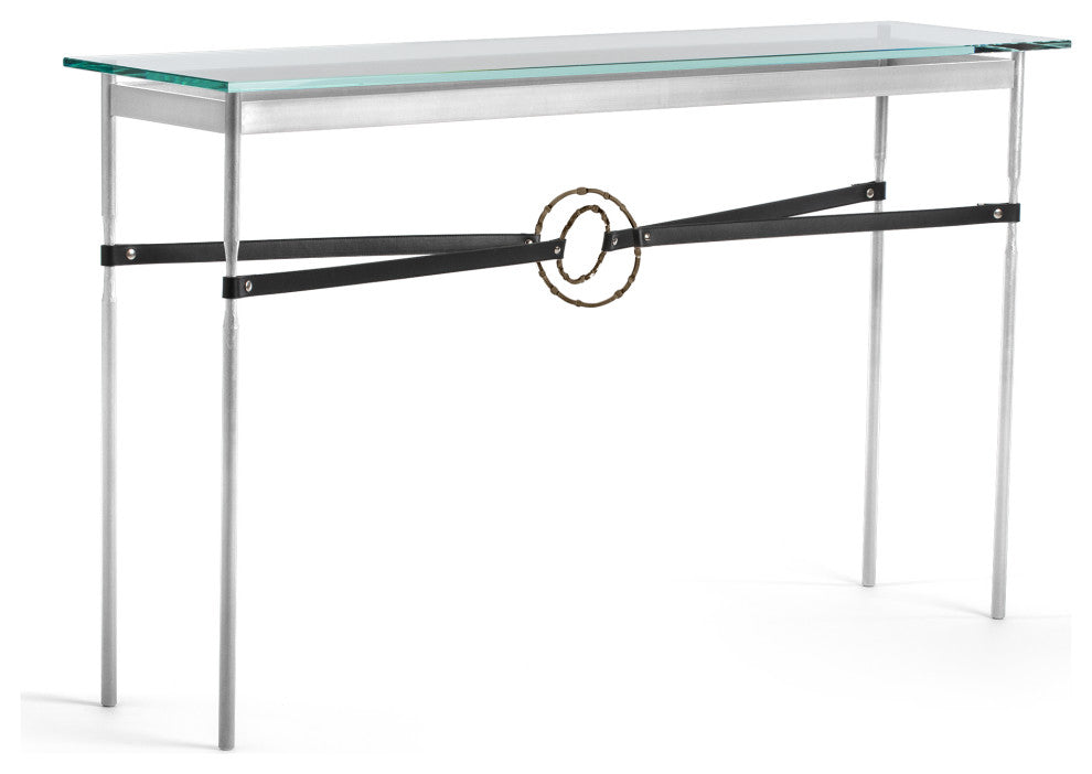 Equus Console Table, Sterling Finish - Bronze Accents - Black Leather Strap