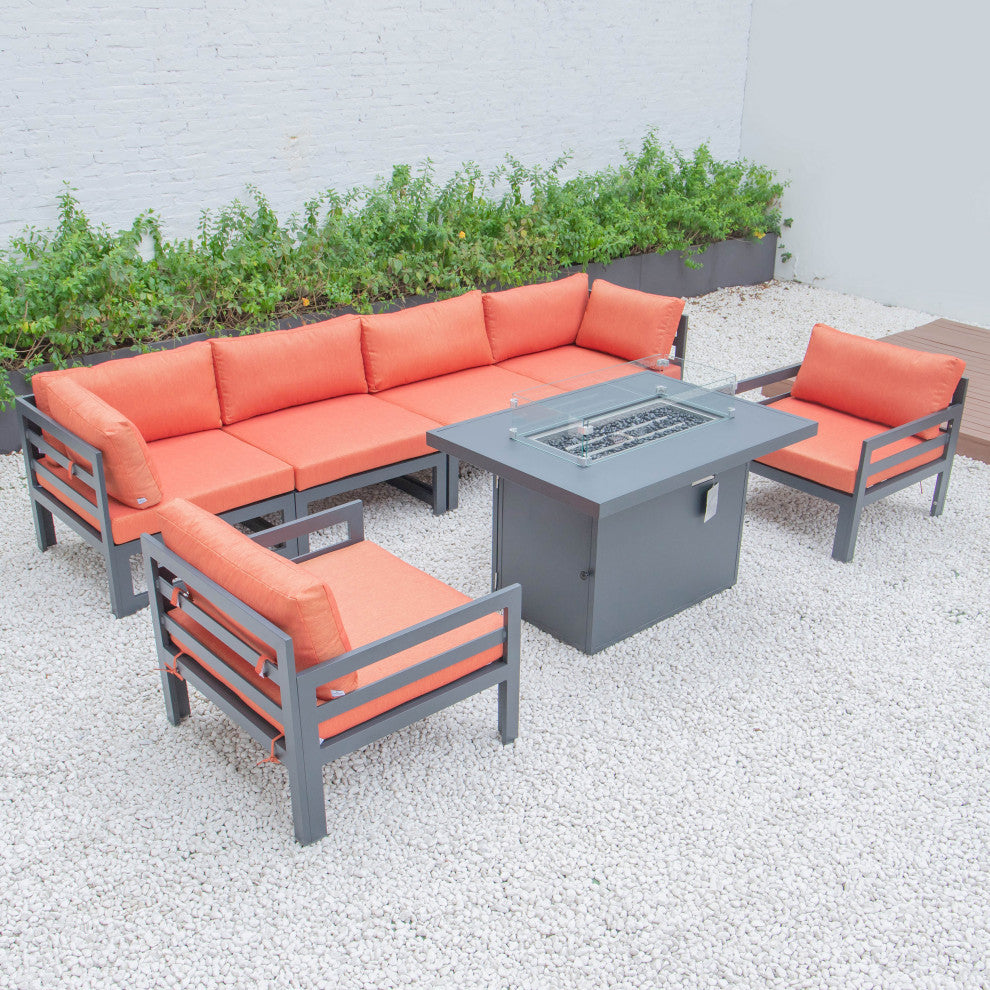 LeisureMod Chelsea 7-Piece Outdoor Sectional With Fire Pit Table, Orange