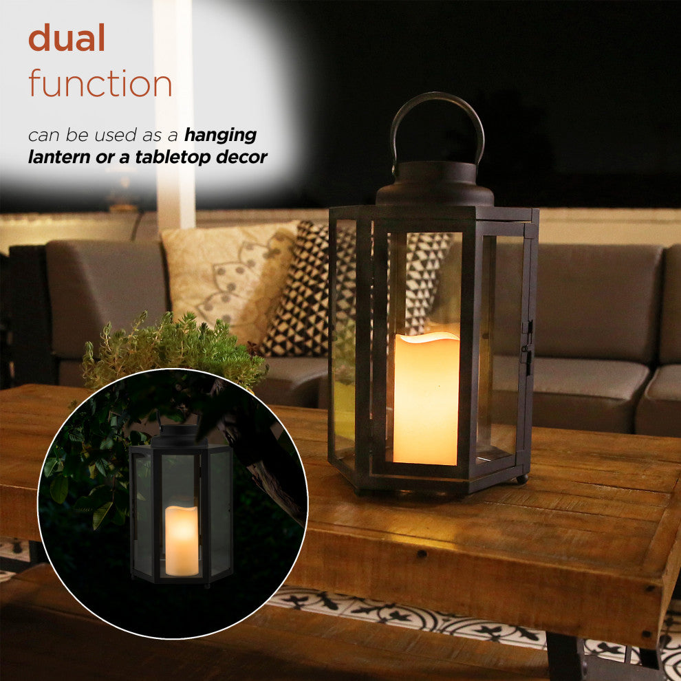 14" Tall Outdoor Hexagonal Battery-Operated Metal Lantern with LED Lights, Black