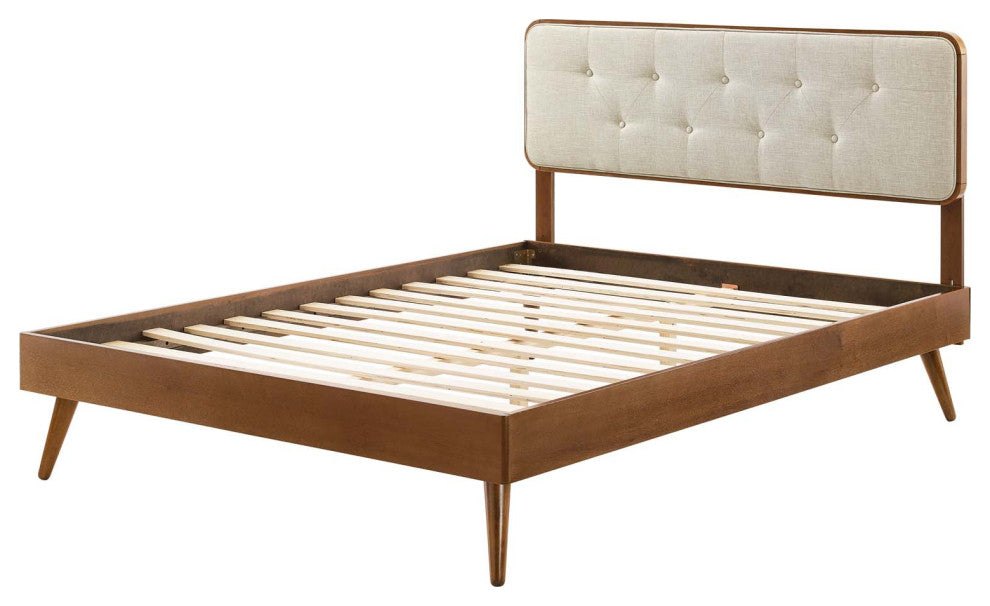Platform Bed Frame, Queen Size, Fabric, Wood, Brown Walnut Beige, Modern