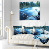 Beautiful Blue River in Forest Landscape Printed Throw Pillow, 16"x16"