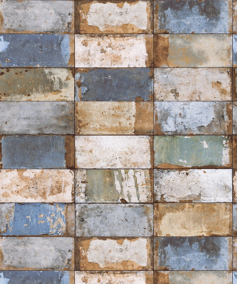 Natural Faux 2, Geometric Stone Wood Rustic Wallpaper, White, Blue, Sample