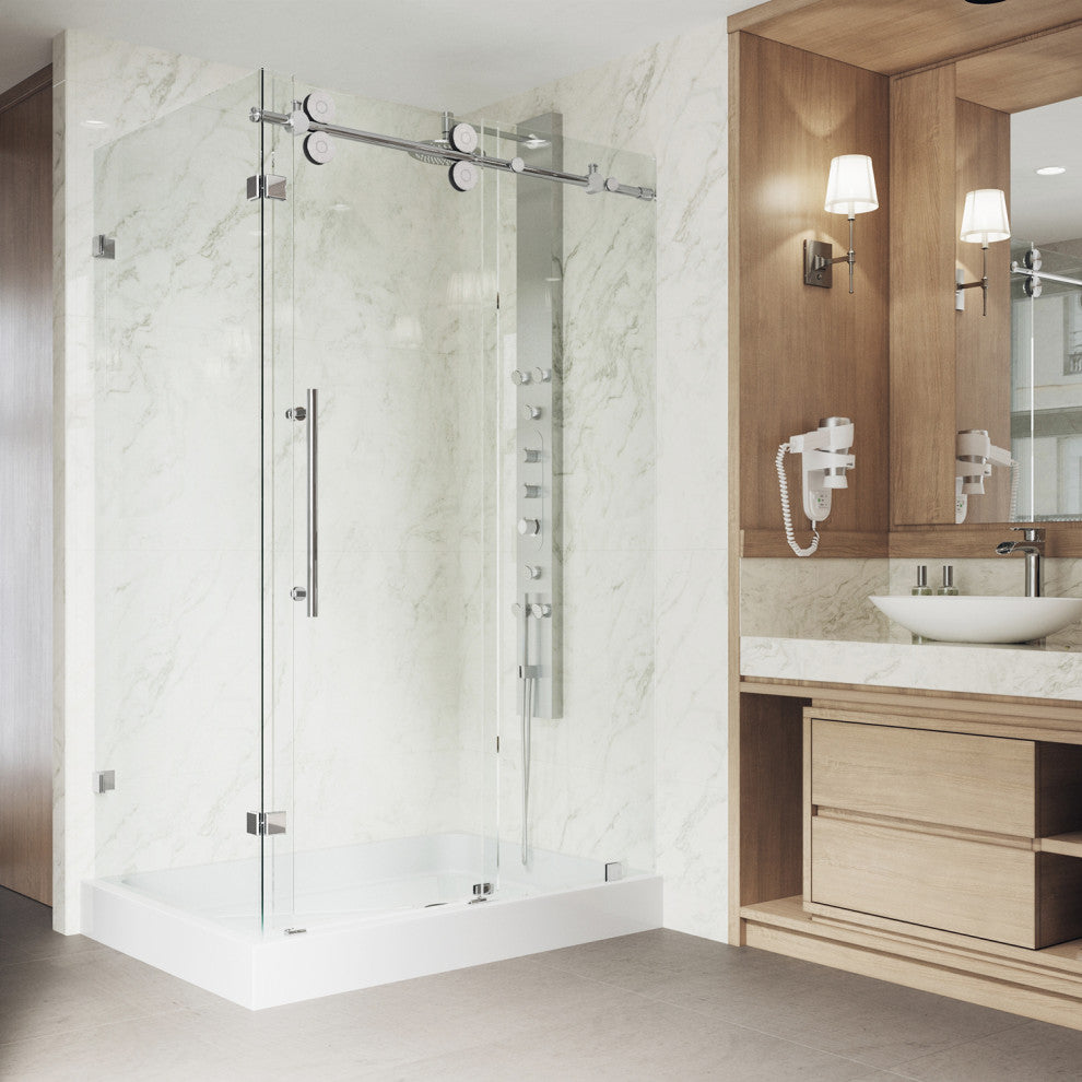 VIGO Winslow Frameless Sliding Shower Enclosure, Chrome, 36" D X 48" W X 80" H, Right Drain Base