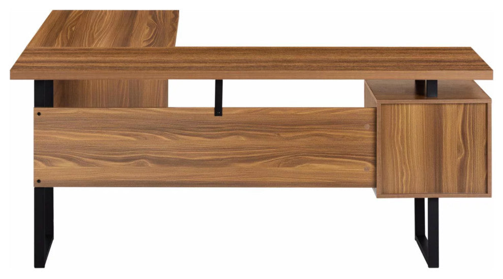 Modern L-Shaped Desk, Large Floating Top With Spacious Drawers, Brown