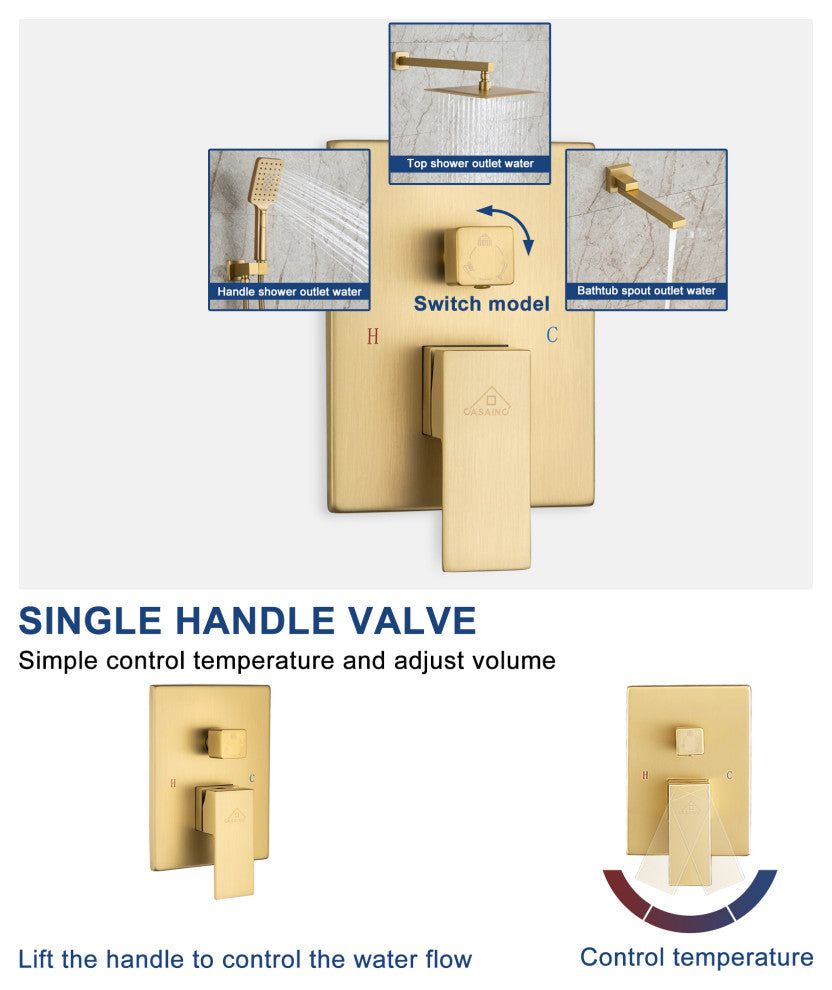 12" Rain Shower System with Handheld and Tub Faucet Mixing Valve Celling Mount