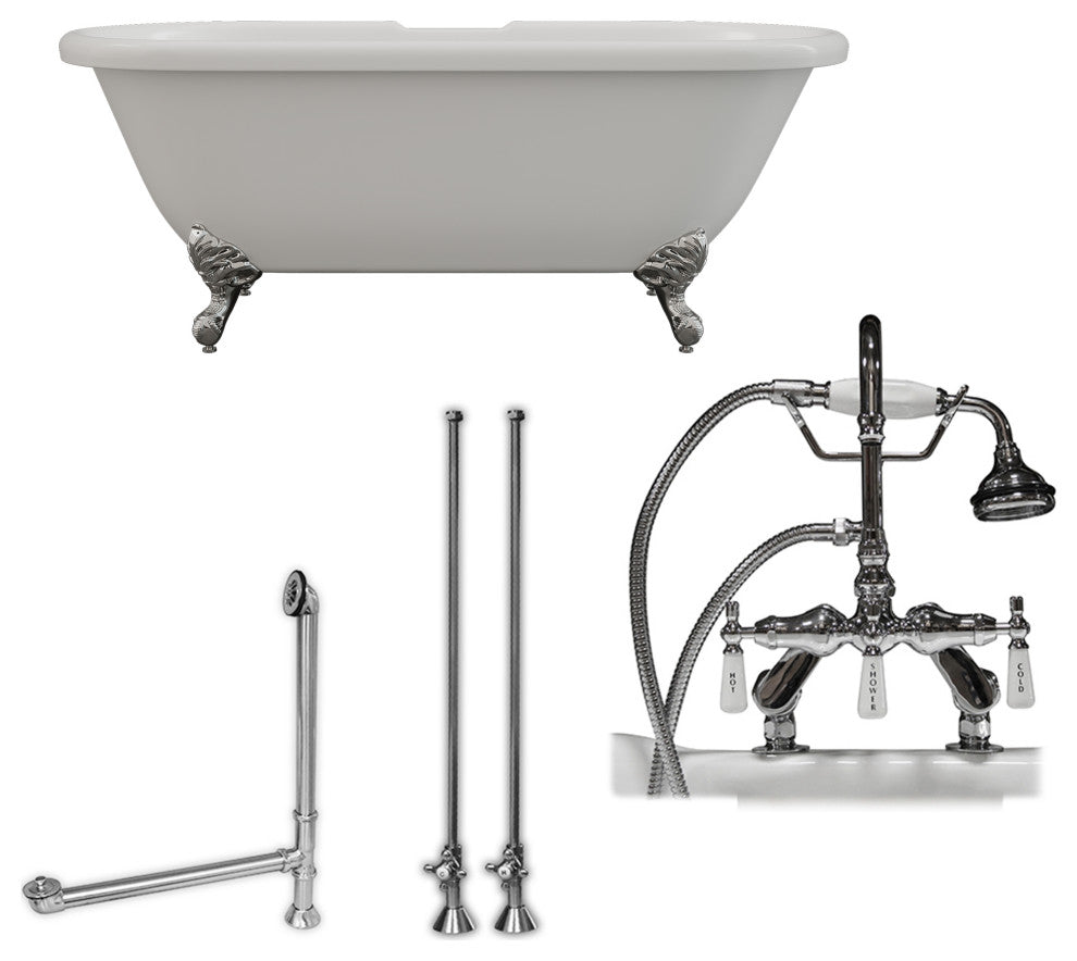 Acrylic Double Ended Clawfoot Bathtub 60" X 30" With 7" Faucet Drillings