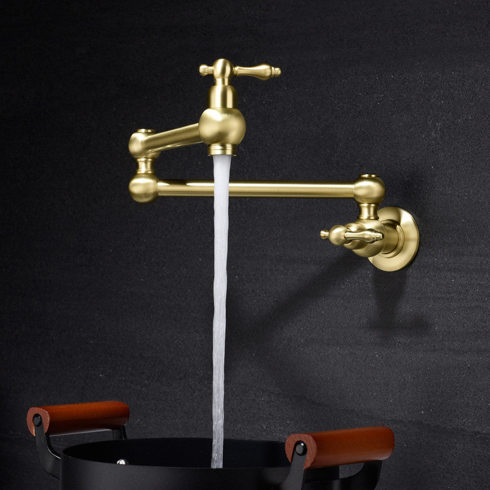Wellfor Wall Mount Pot Filler Kitchen Faucet With 4 GPM Flow Rate, Brushed Gold