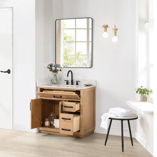 Gavino Vanity With Grain White Composite Stone Top, Light Brown/Matte Black, 36", With Mirror